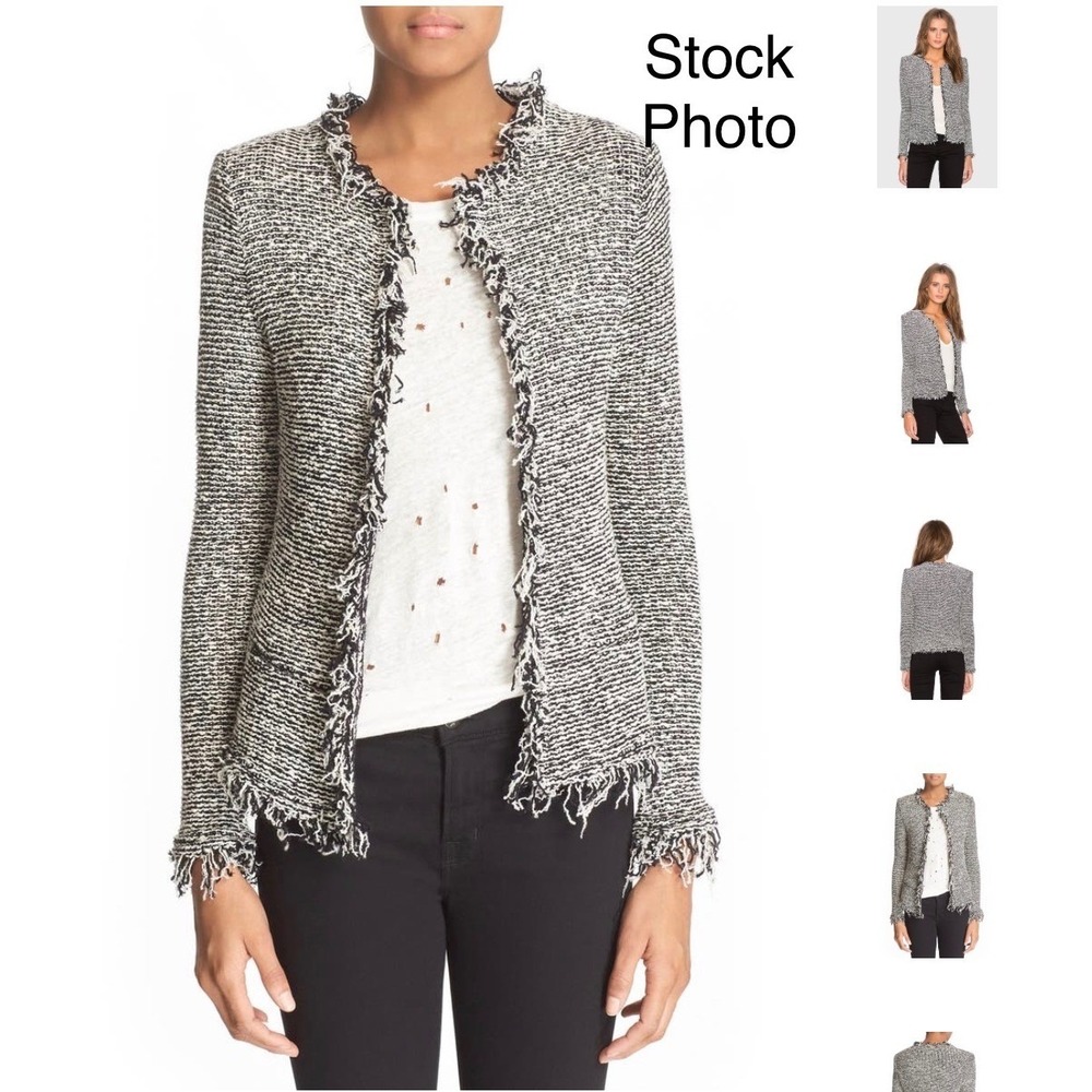 IRO Azure Tweed Jacket Black White Frayed Trim Open Front Cotton Blend Size 36